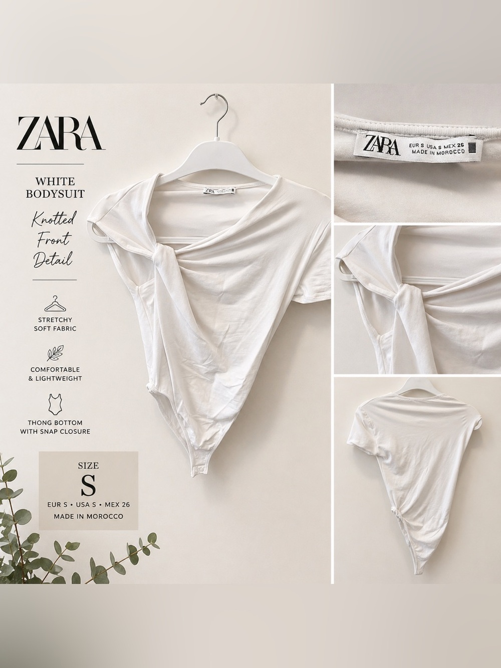 ZARA White Knotted Front Short Sleeve Bodysuit